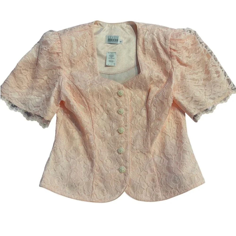 VTG 90s Leslie Fay Petites pink lace floral short sleeve blazer & crepe skirt 8P